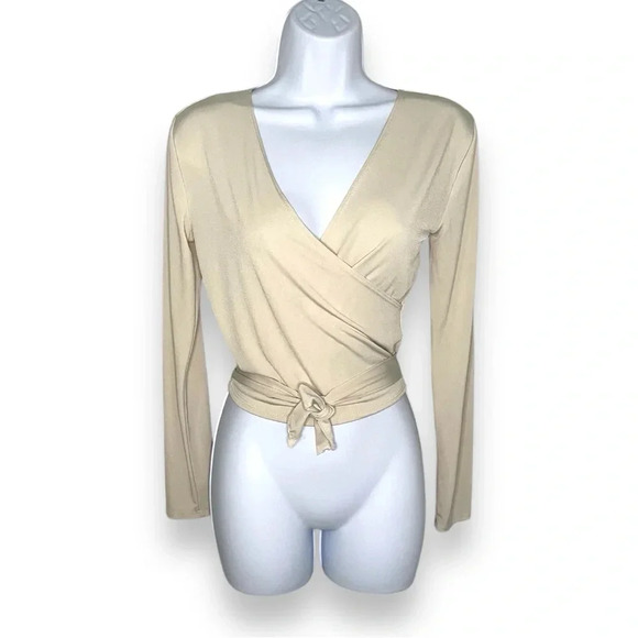 YMI Collections Beige Wrap Tie Blouse - Size S - Long Sleeve V-Neck Top - Picture 1 of 8